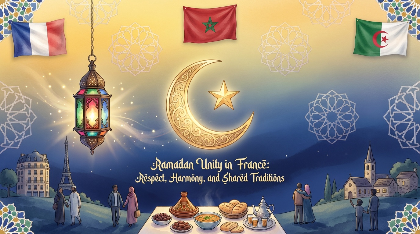 Illustration symbolisant l'unité pendant le Ramadan 2026 - drapeaux français, marocain, algérien et tunisien avec croissant de lune et lanterne